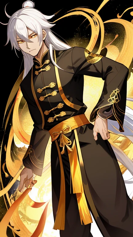 Taoist, qigong, golden-black aura, male, evil looking, taoist clothing, white hair, golden-black hair-locks, chinese
