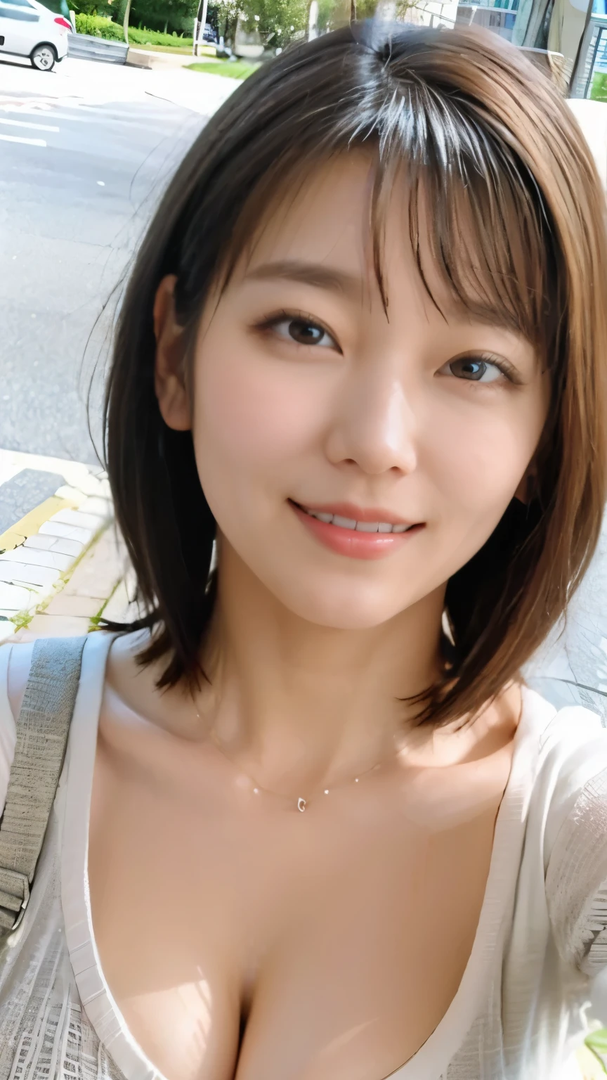 1 female,short bob hair,blonde,looking at the viewer,There&#39;s light in your eyes,A big smile,summer knit、cleavage,front view,to close range,cleavage emphasis,,sexy,