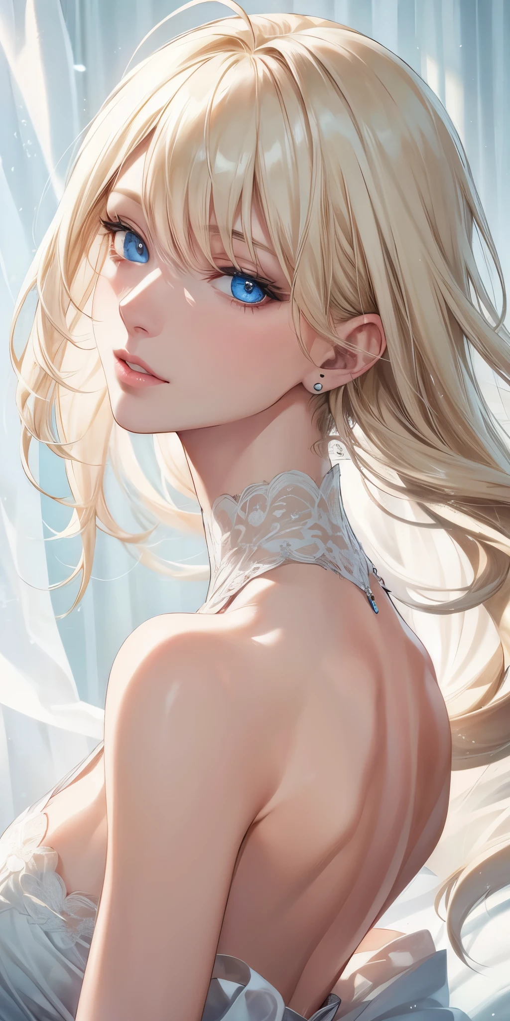 portrait, realistic, elegant mature woman, blue eyes, blonde hair, big breast, 4k resolution, beautiful cg, soft light