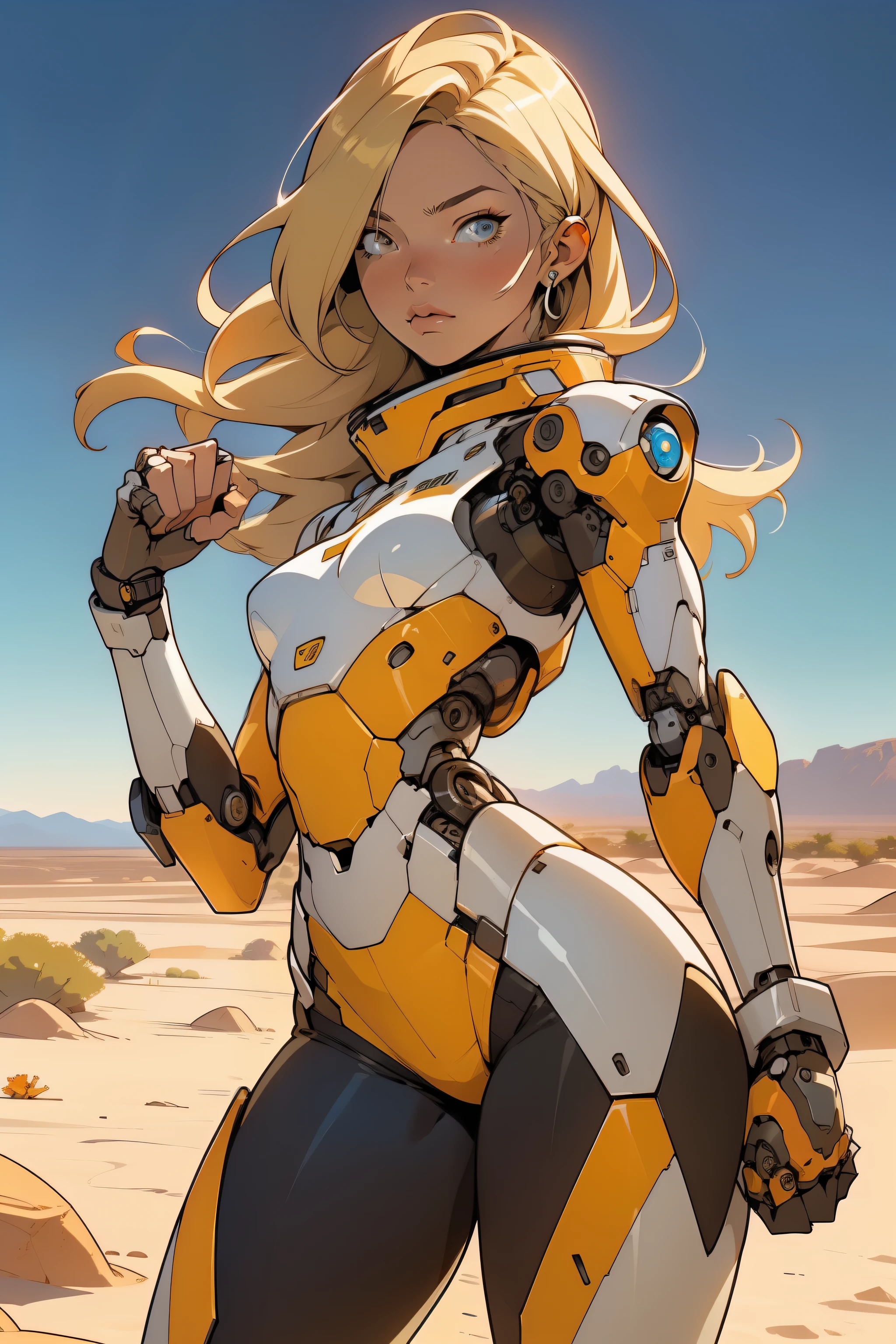 high quality, 4k, masterpiece, beautiful, cyborg girl, cowboy shot, dull eyes, front, looking at viewer, long blonde hair, girl, small breasts, fit thighs, robotic arms, robotic body, cyborg body, white & yellow uniform, orange accent, intricate detail, joint, detailed lines, robotic detail, holding fist up, holding hand up as fist, color robotic parts, robotic parts with color, perfect fingers, on a desert planet, sunny background, colorful desert, a river or a lake in the background, slender thighs, skinny thighs,