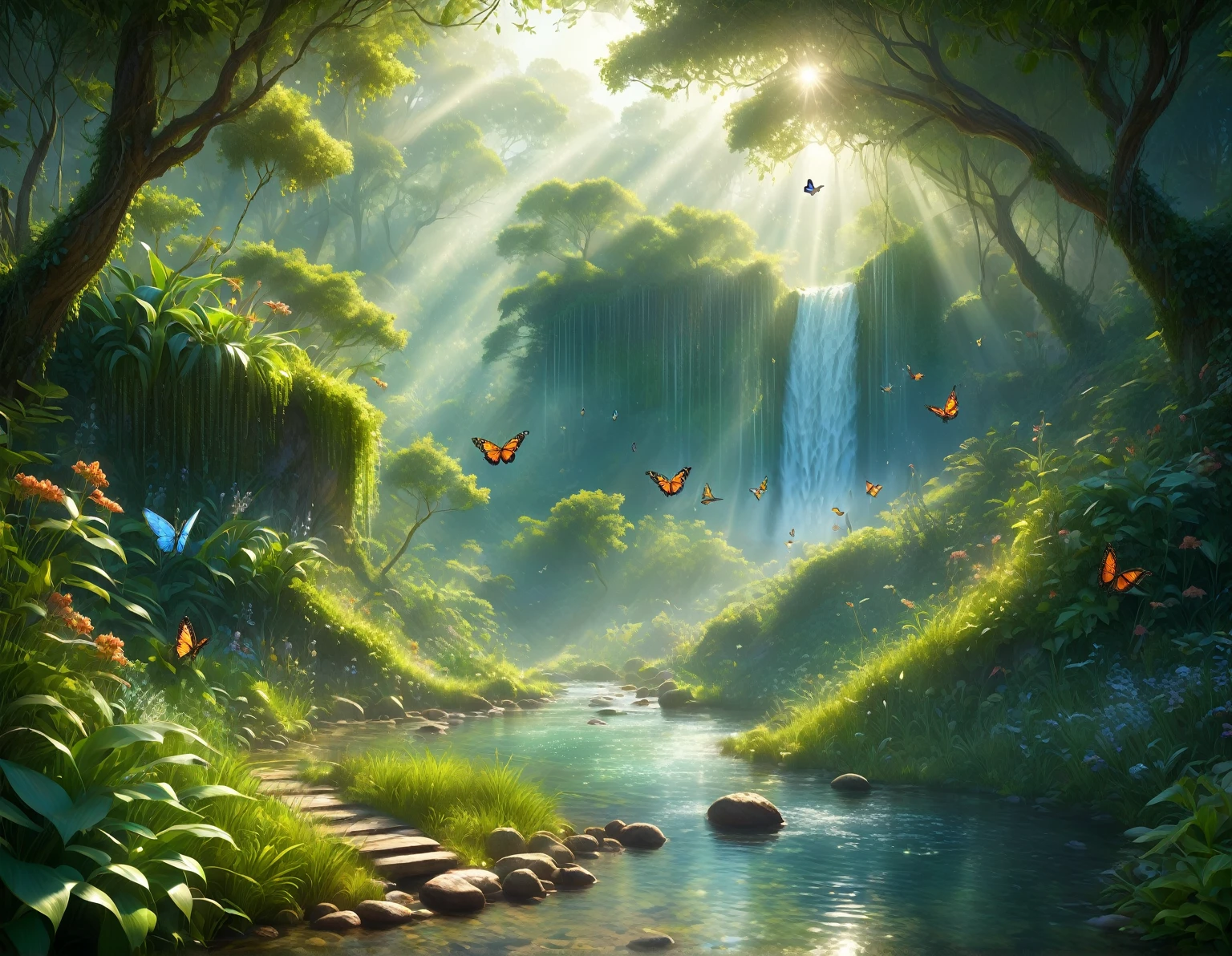 a hyper-realistic image in high definition, a narrow river with calm and clear waters, running through a forest in a valley, vast vegetation and foliage around, birds and butterflies flying, fantasy atmosphere, fairy tale look, dew in vegetation, a waterfall in the background, soft rays of the morning sun, intricate details, detailed shadows, 8k resolution, greg rutkowsky style