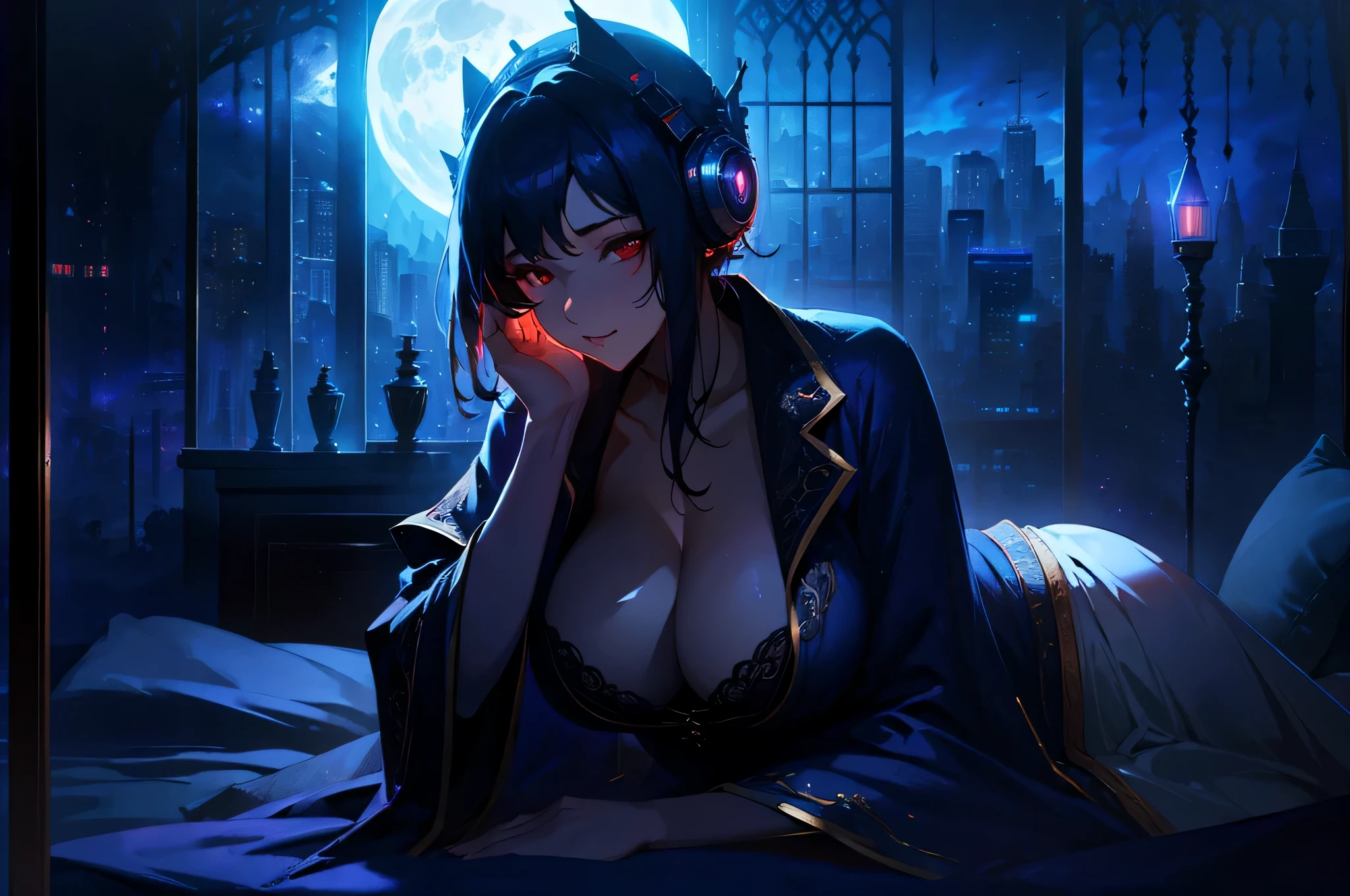 A woman wearing a bathrobe and headphones is lying on the bed、The large window behind offers a beautiful night view.、big breasts、sexy、dimly lit room、moonlight、exposed、Downlight、full moon、Stylish interior、On your back、red eyes