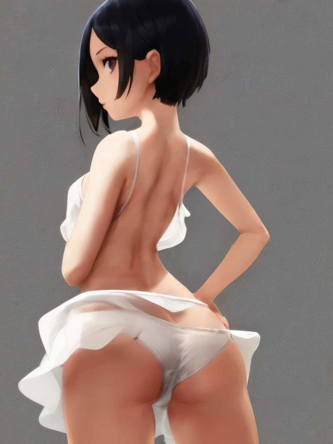 girl shortcut white dress Her underwear is visible transparency white underwear back view back sticking out the butt