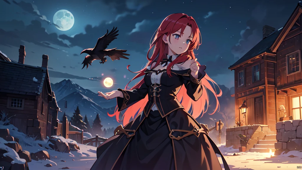 The prompt for Stable Diffusion generation is as follows:

"Witch,RPG,Sorceress,Magic,Red-haired Woman,reaching for a crow,night background,(best quality,4k,8k,highres,masterpiece:1.2),ultra-detailed,(realistic,photorealistic,photo-realistic:1.37),digital illustration,spooky atmosphere,dramatic lighting,vivid colors,moonlit scenery"