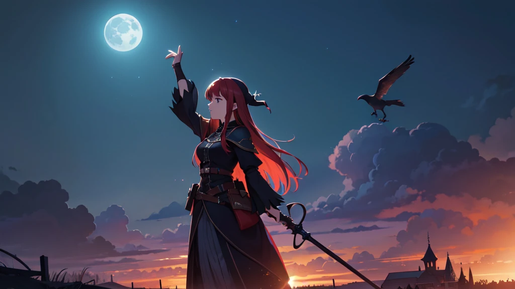 The prompt for Stable Diffusion generation is as follows:

"Witch,RPG,Sorceress,Magic,Red-haired Woman,reaching for a crow,night background,(best quality,4k,8k,highres,masterpiece:1.2),ultra-detailed,(realistic,photorealistic,photo-realistic:1.37),digital illustration,spooky atmosphere,dramatic lighting,vivid colors,moonlit scenery"