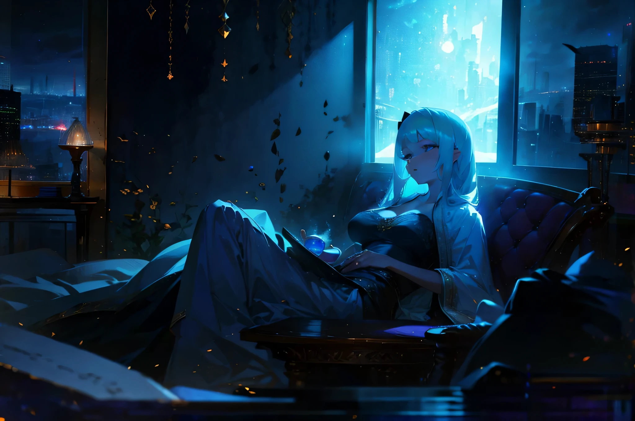 A woman in a bathrobe is lying on the bed、The large window behind offers a beautiful night view.、big breasts、sexy、dimly lit room、moonlight、exposed、Downlight、On your back、silver hair、There is a teacup on the table、There is a brick fireplace、full moon