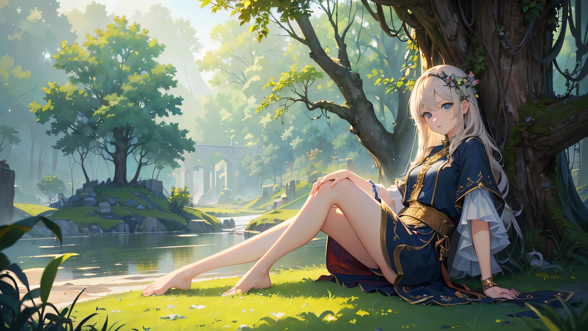 (official art、highest quality、Unity 8k wallpaper、32k、masterpiece、super detailed、A high resolution、realistic、Photoreal:1.2)、((one girl))、((Close ~ eyes))、fantasy、middle ages、Nordic、(Beautiful, detailed faces:1.4)、relax、(full body:1.2)、((outdoor))、grassland、shade of a tree、sitting、Resting