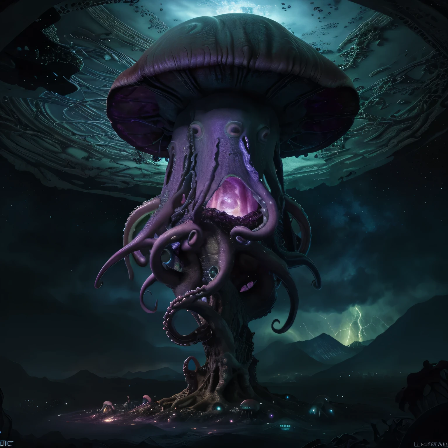 Cosmic majestic octopus realist, masterpiece, 8k, cosmic void, terror, genesis, apocalypse, armagedon, full art, magical, dark fantasy, number 8, unique, mushroom, the last of us, clacker, luciole