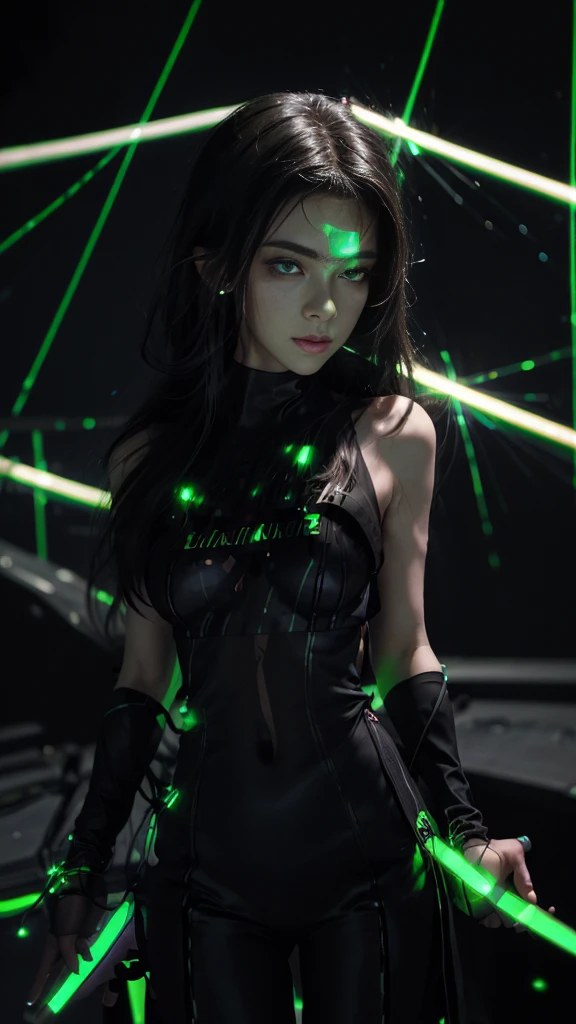 8K, ultra hd, masterpiece, 1 girl, (good face:1.4), detailed eyes, (long hair:1.4), impressive hairstyle, earings, necklace, medium breasts, (glowing outfit:1.5), see-through, (black laser outfit:1.5), Light-colored foundation brings out the skin, (in the dark:1.5), mystery, (laser lights:1.8), glowing lights, very decoration, perfect front body,