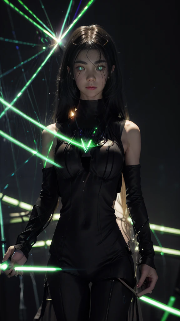 8K, ultra hd, masterpiece, 1 girl, (good face:1.4), detailed eyes, (long hair:1.4), impressive hairstyle, earings, necklace, medium breasts, (glowing outfit:1.5), see-through, (black laser outfit:1.5), Light-colored foundation brings out the skin, (in the dark:1.5), mystery, (laser lights:1.8), glowing lights, very decoration, perfect front body,