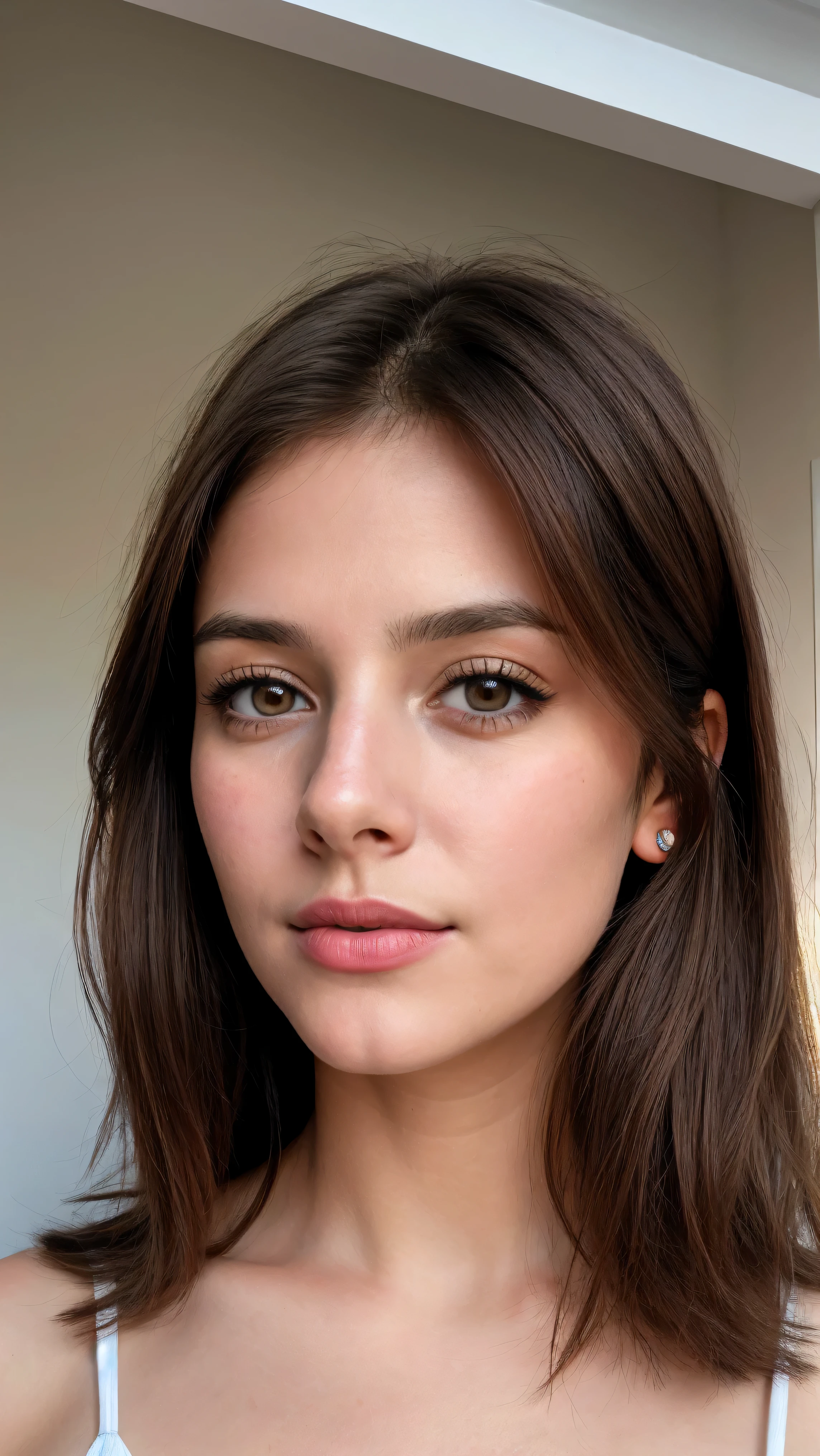Senhora bonita,, maquiagem escura, Fotografia hiper detalhada, luz suave, head and breast portrait, cobrir,, best quality, (rosto bonito detalhado, textura da pele do detalhe, corpo ultra-detalhado:1.1) brown hair, Hazel Eyes 18 anos adolescente