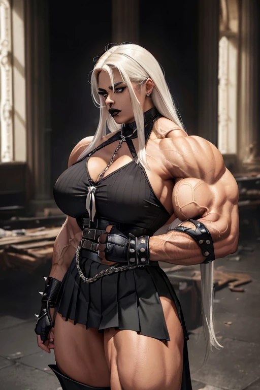 ((((Massive, tall, beautiful, buff, light brown skinned muscular woman with white hair, black lipstick, ginormous bulky muscles, wearing a black gothic blouse with pleated skirt and tie)))), close view, (black lipstick), massive muscle, massive biceps, hyper muscle shoulders, (ginormous muscle arms), hyper muscle triceps, (long hair), blue eyes, choker, (chain belt), black boots, uniform, (spiked gauntlets), (fingerless gloves), (standing in a dark destroyed school), sensual glare, night, hyper vascular arm, hyper muscles arms, hyper muscle legs, (ginormous arms).