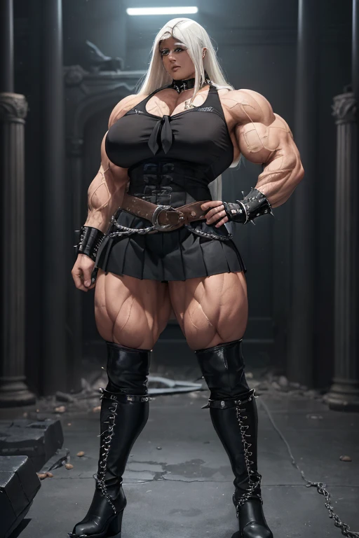 ((((Massive, tall, beautiful, buff, light brown skinned muscular woman with white hair, black lipstick, ginormous bulky muscles, wearing a black gothic blouse with pleated skirt and tie)))), close view, (black lipstick), massive muscle, massive biceps, hyper muscle shoulders, (ginormous muscle arms), hyper muscle triceps, (long hair), blue eyes, choker, (chain belt), black boots, uniform, (spiked gauntlets), (fingerless gloves), (standing in a dark destroyed school), sensual glare, night, hyper vascular arm, hyper muscles arms, hyper muscle legs, (ginormous arms).