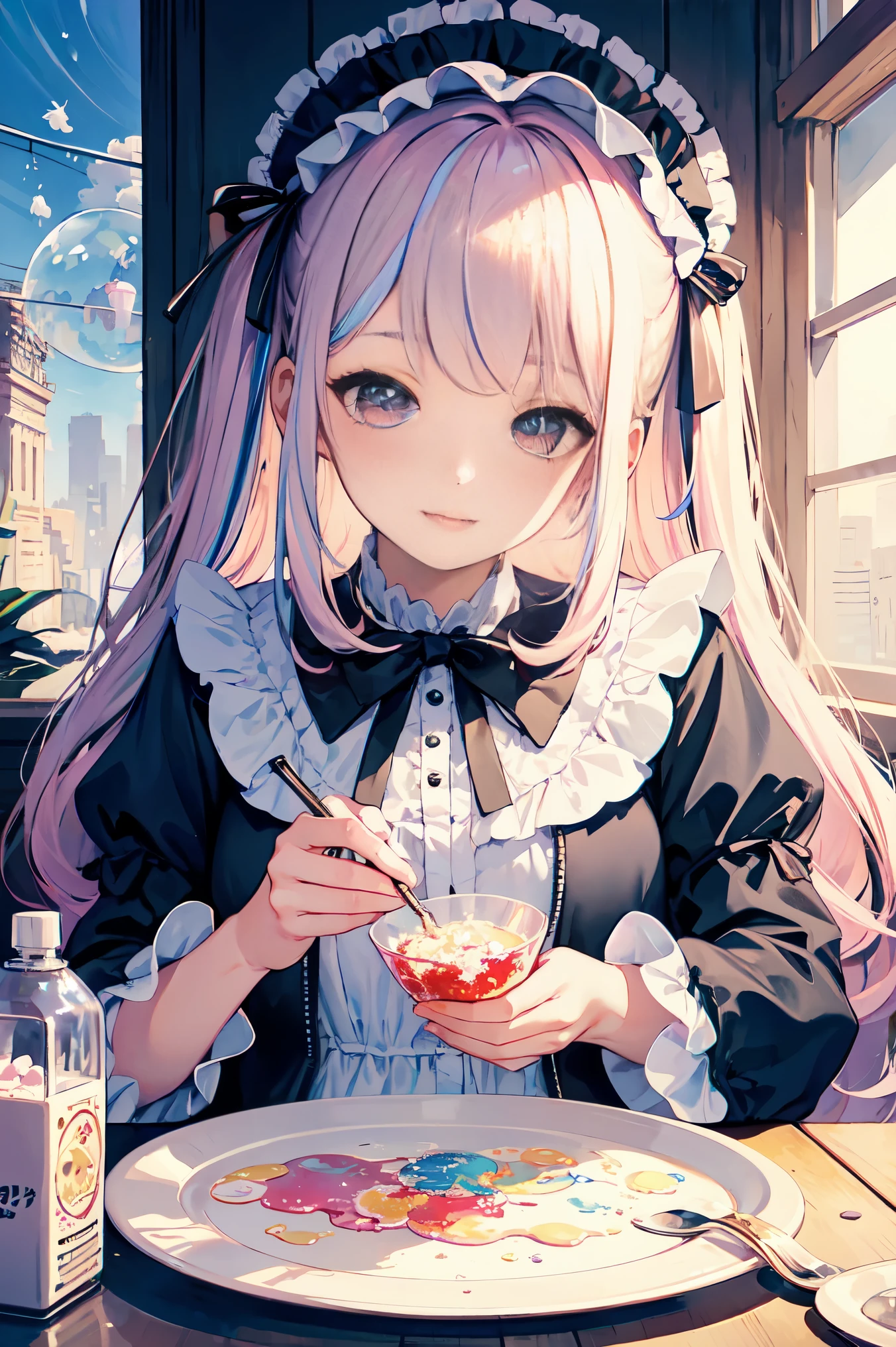Yumekawa, dreamy cute, shopping, city, Harajuku, (masterpiece, highest quality, highest quality, watercolor (middle), official art, beautiful and aesthetic: 1.2), (2 girls: 1.3), (fractal art: 1.3), Upper body, kiss, lesbian, Lolita Fashion, Lolita Viewer Watch, pattern, break, (pastel hair: 1.2), break, Soap bubble, rainbow behind, cloud, colorful, Soap bubble, Spread throughout, cute, pastel,