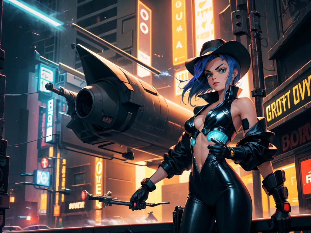 cowboy bebop, a cowboy bounty hunter with a cybernetic arm,a futuristic cityscape at sunset,cool street vibes,sleek spaceships hovering in the sky,fast-paced action scenes,neon lights illuminating the dark streets,a jazz music club,holographic advertisements floating in the air,a mysterious femme fatale with a katana,a charismatic yet haunted expression on the cowboy's face,bullet-time slow-motion sequences,a gravity-defying chase on rooftops,the iconic spaceship "Swordfish II" soaring through the air,explosions and debris flying everywhere,smoke and steam rising from the city's underground,gritty and atmospheric visuals,the cowboy's trademark black suit and wide-brimmed hat,the tension-filled silence before a stand-off between the cowboy and a dangerous criminal。