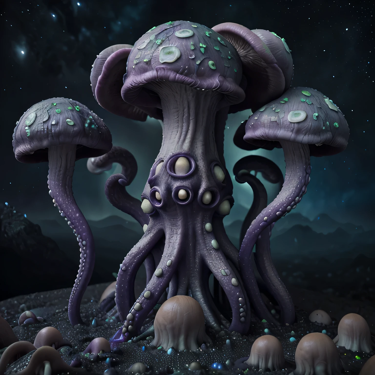 Cosmic octopus mushroom, number 8, dark fantasy, lovecraft, masterpiece, unique, 8k, detailed,