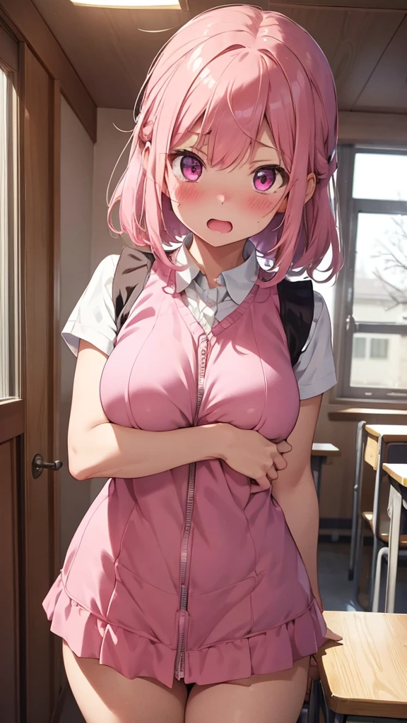 mastute piece,Best Quality,insanely detailed,8k cg,
shoot upper body,
1girl,standing,body in front,looking at viewer,(winter school costume,pink vest),
blush,shy,(trembling:1.2),pink hair,break,open mouth,large breast,classroom,
