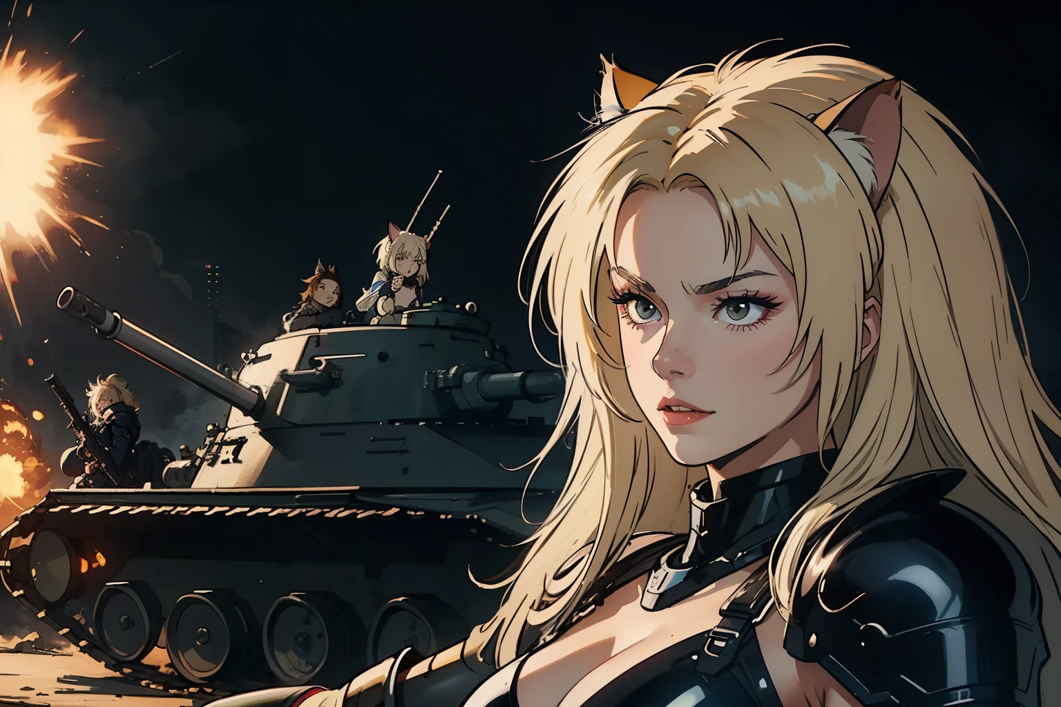 ((highest quality)), ((masterpiece)), (be familiar with), (High definition), 8K, perfect face、2 women、Two blonde women with cat ears、((tankの上に乗っている:1.2))、((Astride the turret))、tall、2 Blonde cat ears、2. Long Hair、2. Volumetric hair style、big breasts、constricted waist、big ass、glamorous、Glamorous、protector、Armor、combat suit、combat boots、armed、Equipped with large firearms、cinematic、best shadow、side lighting、NEO TOKYO、riot、explosion、tank、helicopter、(close up of face)