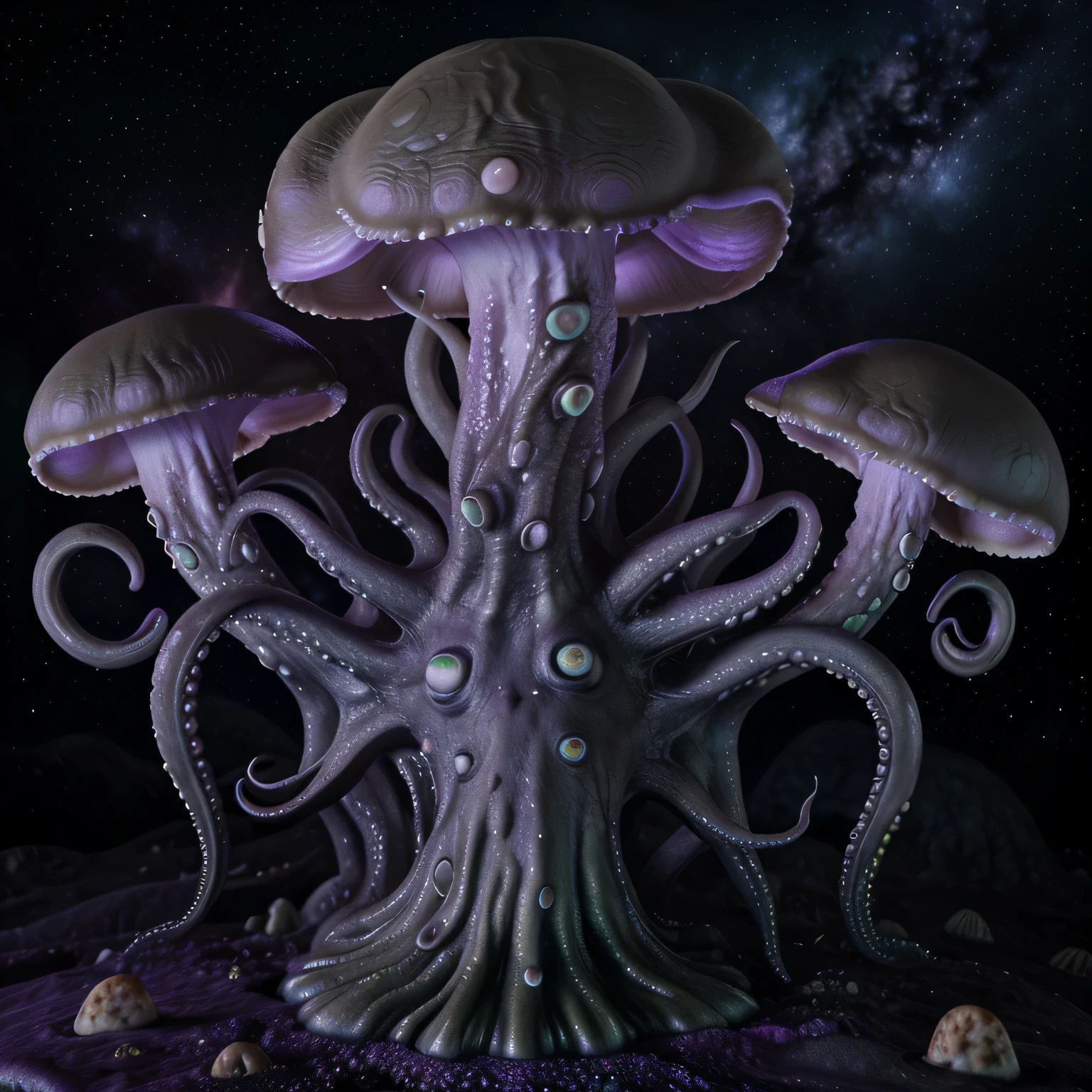 Cosmic octopus mushroom, number 8, dark fantasy, lovecraft, masterpiece, unique, 8k, detailed,