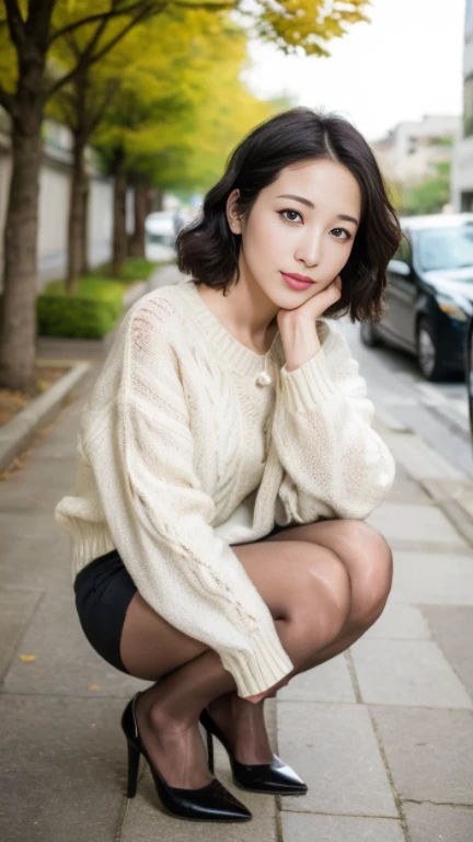 ((highest quality、8K、masterpiece:1.3))、sharp focus, High level image quality, High resolution, portrait, alone, Photos taken by a professional photographer,Close-up of a woman squatting on the sidewalk with her legs crossed, kiko mizuhara, wearing a sweater, Shirahime cut brown hair, wearing a sweater, Young and pretty girl, japanese model, 白いwearing a sweater, Chiho, ランダムカラーのカジュアルなwearing a sweater, mini skirt, Cute short hair waves, a cute young woman, cute young woman, black pantyhose,black tights,black high heels