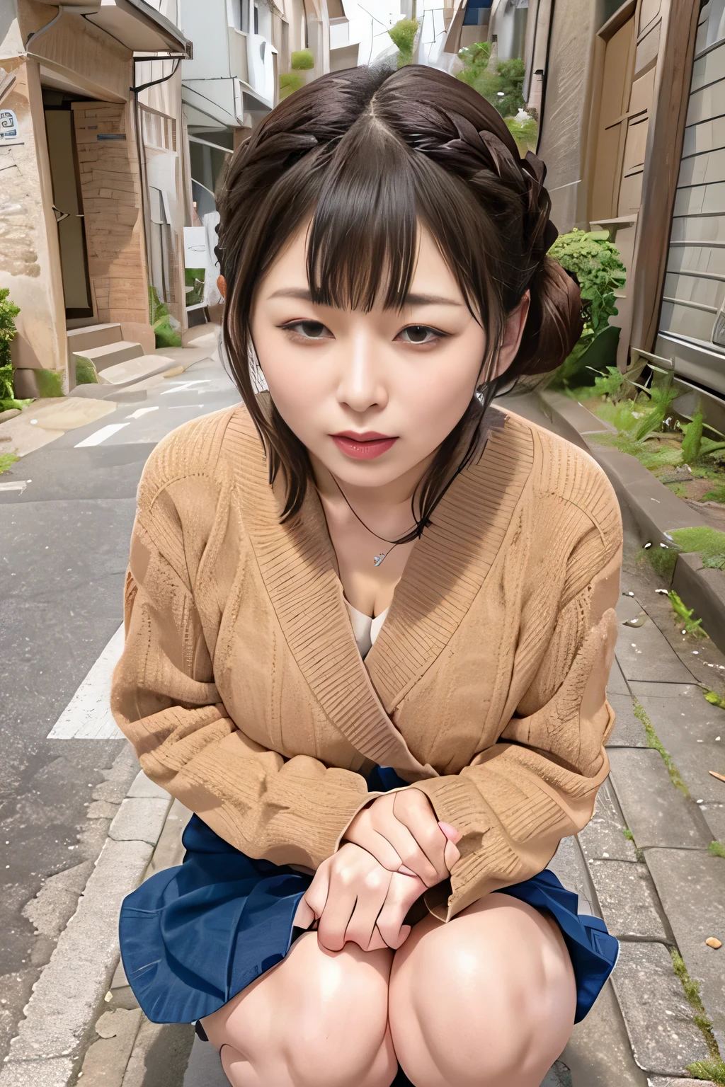 (remote_play), (remote_vibrating), ulzzang-6500-v1.1, pureerosface_v1, best quality, masterpiece, illustration, (realistic, photo-realistic:1.37), amazing, finely detail, incredibly absurdres, huge filesize, ultra-detailed, highres, extremely detailed CG unity 8k wallpaper, ray tracing, nsfw, 1woman, Japanese mature woman,jukujo, (Dark blonde girly updo hair over one eye with swept bangs:1.3), (Slender body),(wearing jacket over V-neck sweater,wearing pleats skirt),(blushing:1.4),(cleavage), closed eyes, We witness an individual overwhelmed by the intense stimulation caused by a powerful vibrating device. The jolts of pleasure or surprise prompt them to instinctively crouch down, their knees bending as their body responds to the electrifying vibrations. With closed eyes and an open mouth, their expression conveys a mixture of pleasure, surprise, and a hint of vulnerability. The energy in the scene is palpable, as the viewer is invited to share in the subject's thrilling experience.,Glasses,(At messy back alley where there are no people:1.3),,