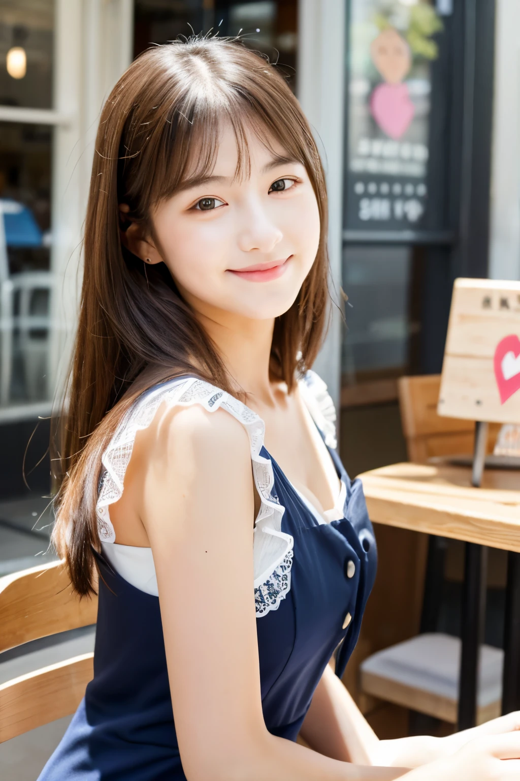 A 20-year-old woman with the cute face of an idol who looks 15 years old. Gentle and cute Please smile kindly A one-piece dress with an open chest larger bust Lunch at a fashionable café Raw photo real genuine High definition real life No copyright notice