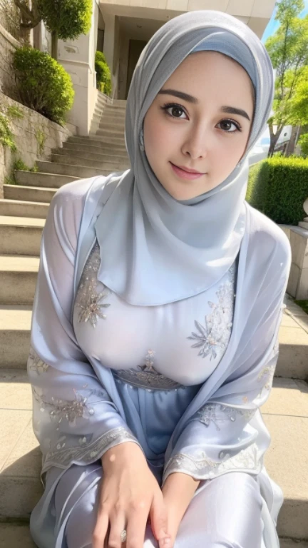 ((Marian Rivera)), (8K, best quality:1.2), beautiful Smile, seduced smile,gigantic breast:1.4, sitting on a set of stairs, (( wearing a silver silk embrodery kaftan with closed hijab)), Tall Body, beautiful faces, earrings, feminine in cute pastel shadeasterpiece:1.37), (photo, photorealistic:1.37), (ultrahigh-res),Full Body, slow motion, (insanely detailed, bloom:1.5), (highest quality, Alessandro Casagrande, Greg Rutkowski, Sally Mann, concept art, 4k), (analog:1.2), (high sharpness), (detailed pupils:1.1), detailed face and eyes, Masterpiece, best quality, (highly detailed photo:1.1),