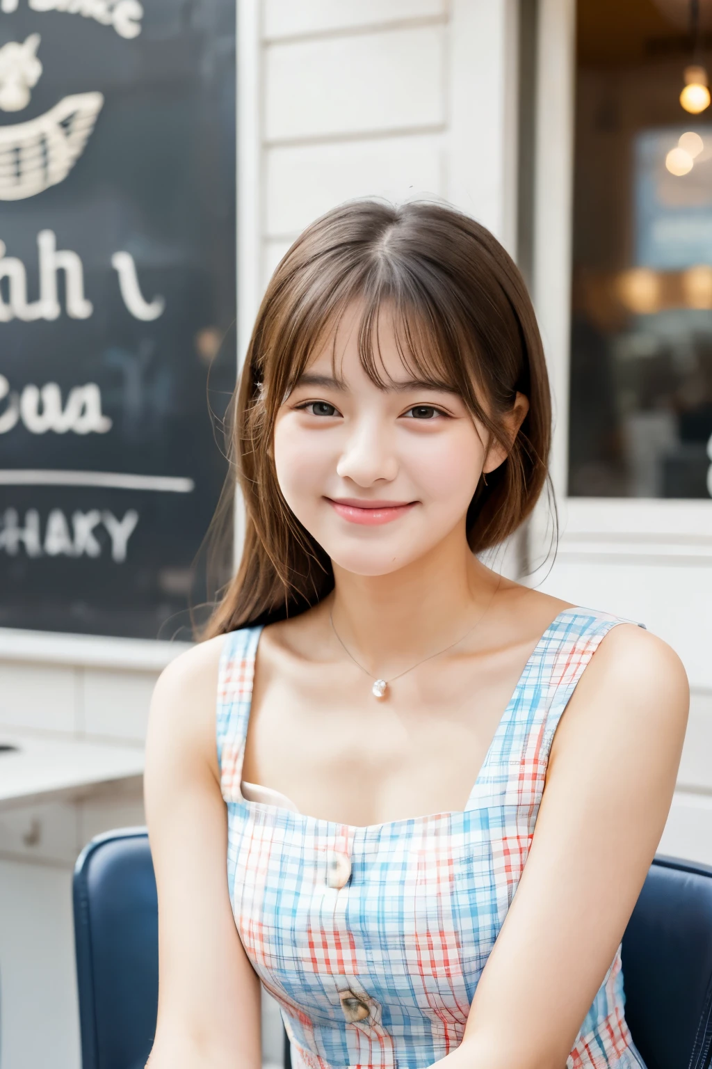 A 20-year-old woman with the cute face of an idol who looks 15 years old. Gentle and cute Please smile kindly A one-piece dress with an open chest larger bust Lunch at a fashionable café Raw photo real genuine High definition real life No copyright notice