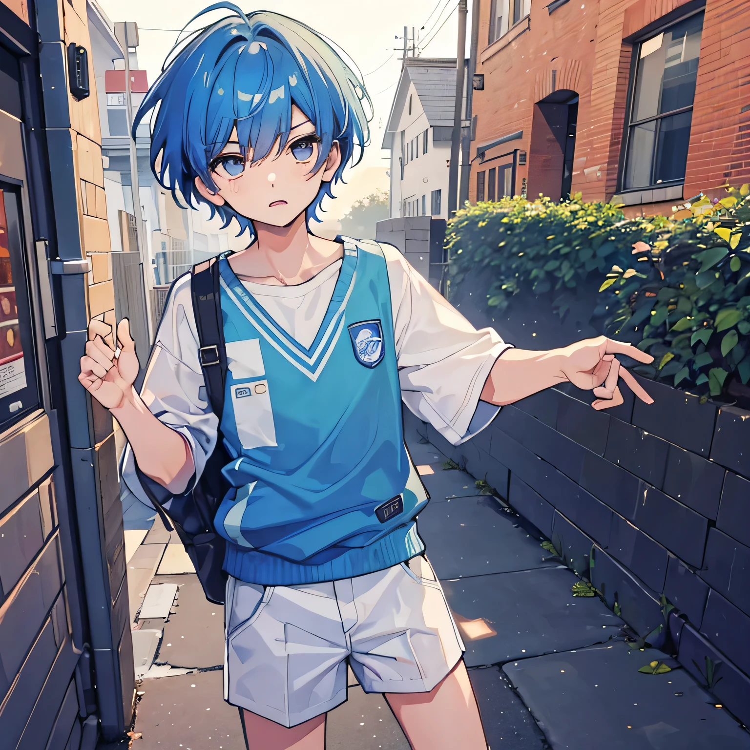 A 17-year-old boy with short blue hair in a preppy style frowns in surprise