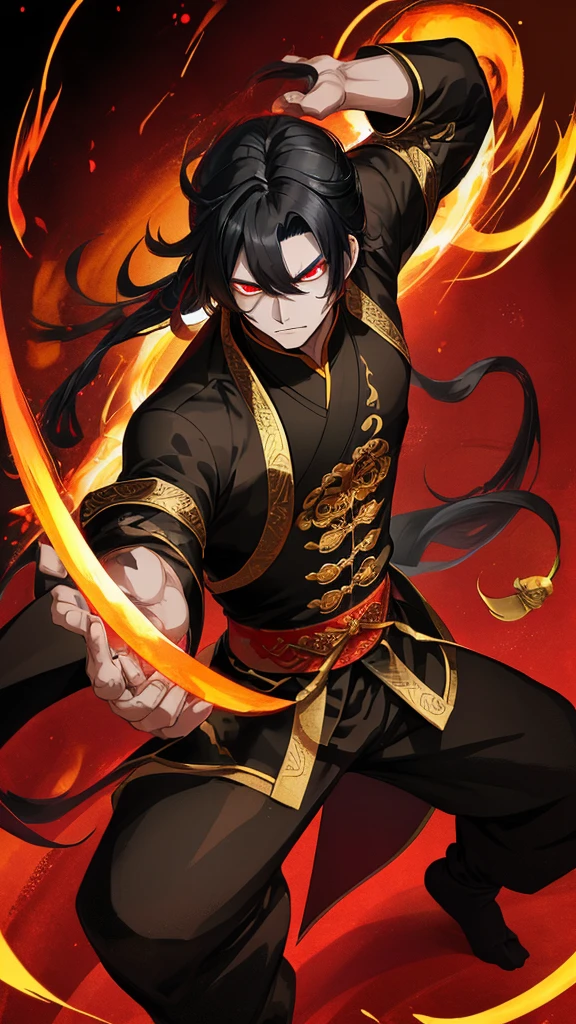 Taoist, qigong, golden-black aura, male, evil looking, taoist clothing, black hair, red eyes, chinese, fierce male, man, strong man