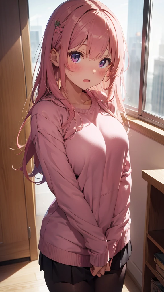 mastute piece,Best Quality,insanely detailed,8k cg,
shoot upper body,
1girl,standing,body in front,looking at viewer,(winter school costume,pink sweater),
blush,shy,(trembling:1.2),pink hair,break,open mouth,large breast,classroom,