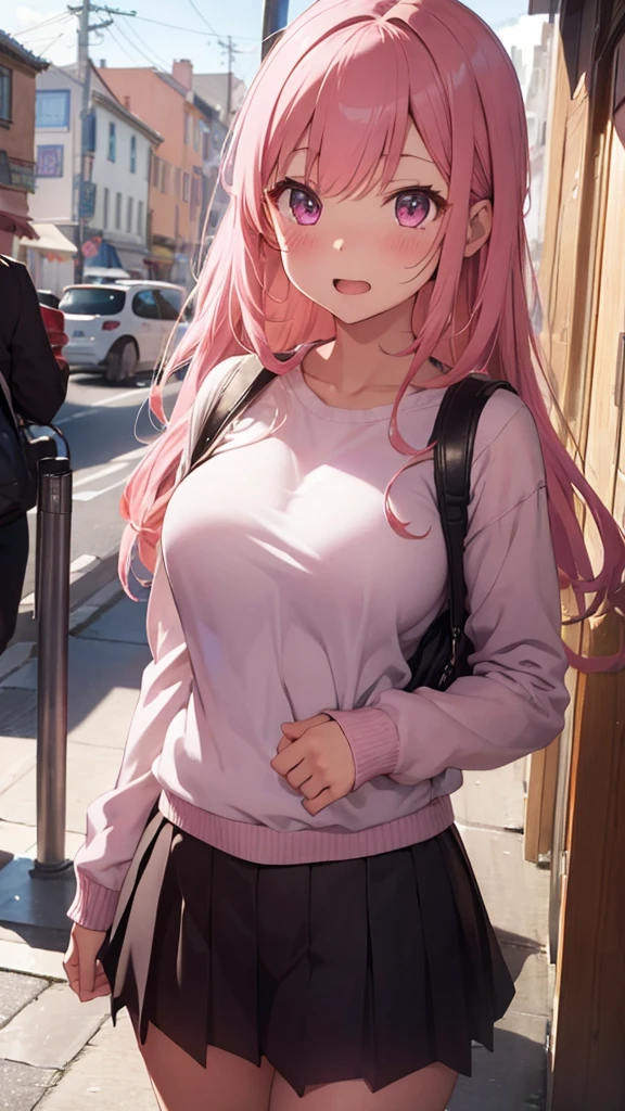 mastute piece,Best Quality,insanely detailed,8k cg,
shoot upper body,
1girl,standing,body in front,looking at viewer,(winter school costume,pink sweater),
blush,shy,(trembling:1.2),pink hair,break,open mouth,large breast,classroom,