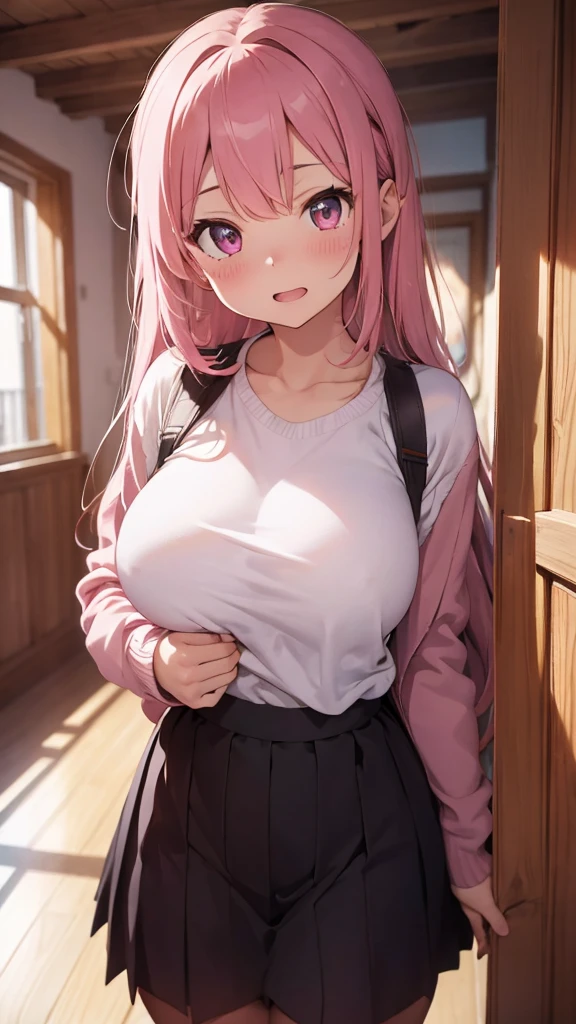 mastute piece,Best Quality,insanely detailed,8k cg,
shoot upper body,
1girl,standing,body in front,looking at viewer,(winter school costume,pink sweater),
blush,shy,(trembling:1.2),pink hair,break,open mouth,large breast,classroom,