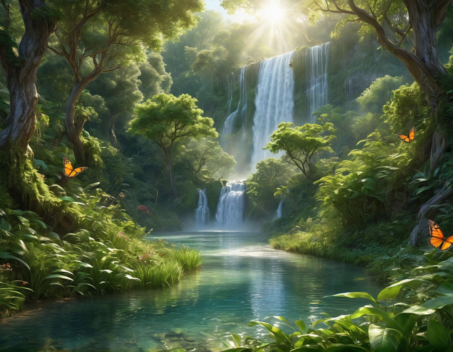 a hyper-realistic image in high definition, a narrow river with calm and clear waters, running through a forest in a valley, vast vegetation and foliage around, birds and butterflies flying, fantasy atmosphere, fairy tale look, dew in vegetation, a waterfall in the background, soft rays of the morning sun, intricate details, 8k resolution, greg rutkowsky style