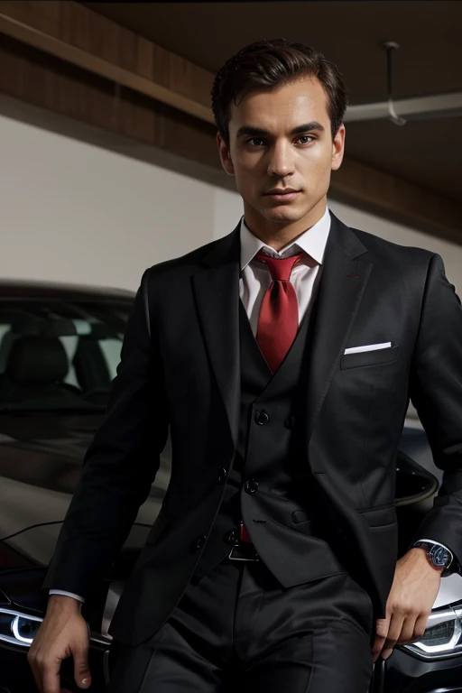 create a misterious man with suit red tie on front of black bmw 320 i 2012