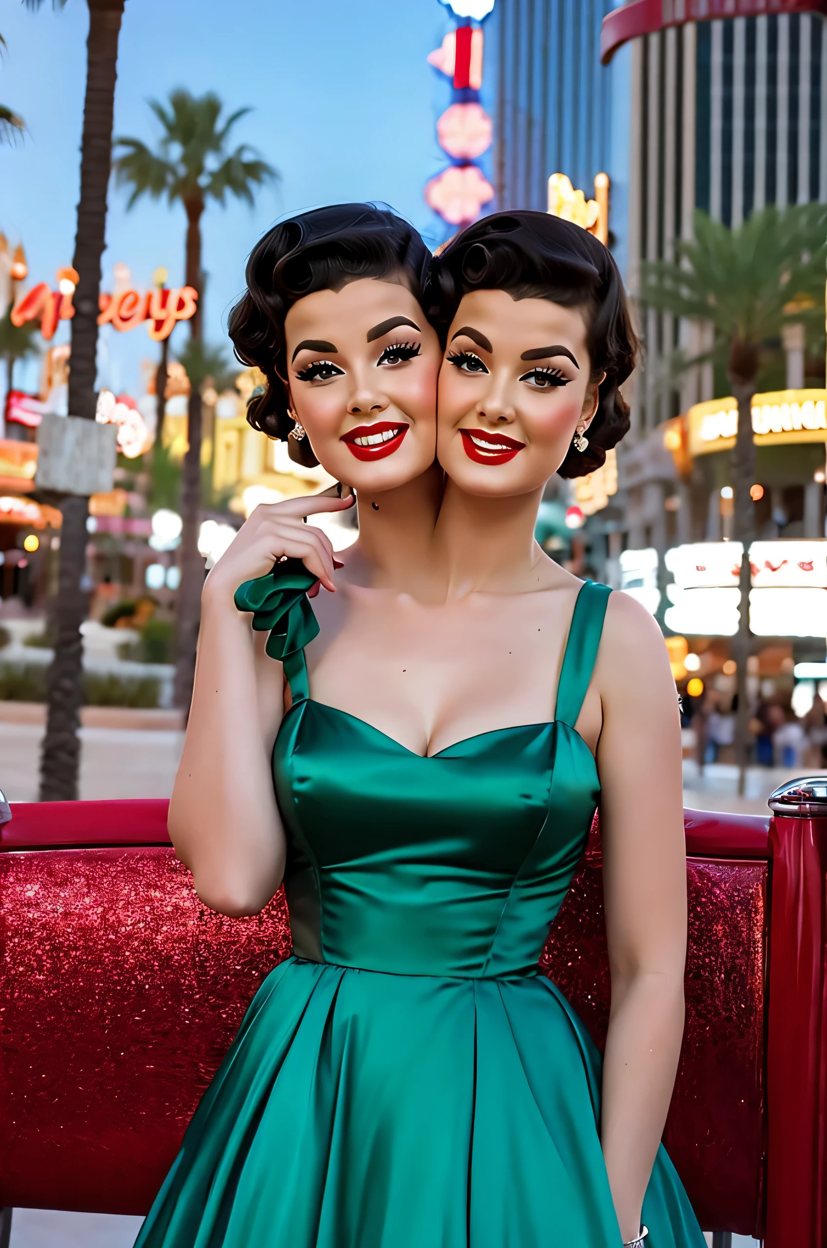 2heads, two-headed woman, age 24, white girl, vintage pinup dress, pretty makeup, on the Las Vegas strip,