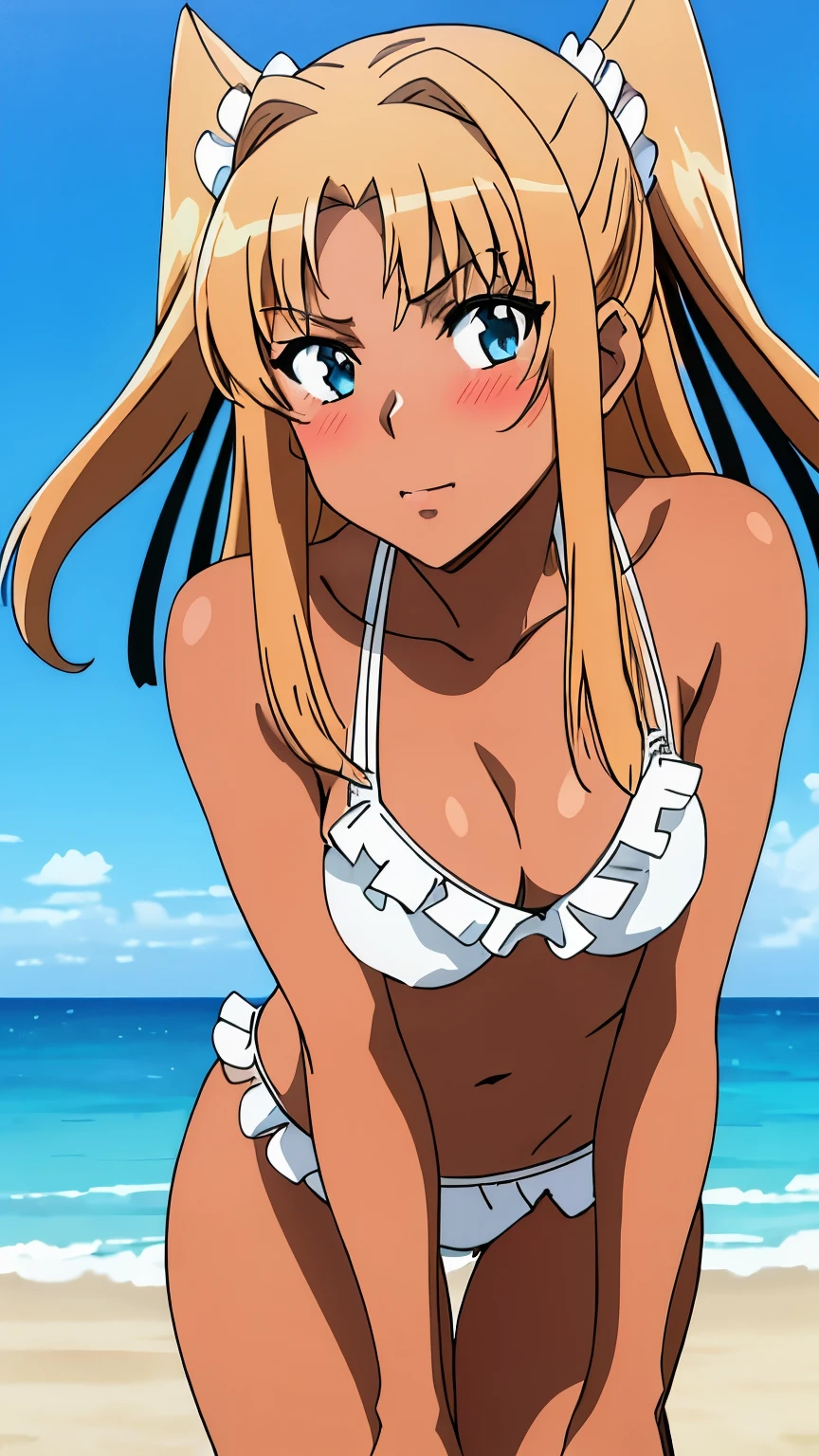 Masterpiece, Top Quality, Super Detailed, (Perfect Face, Detailed Face), 1 Girl, Solo, Long Hair, Two Sides Up, Light Dark Skin, Hair Ribbon, Medium Breasts, Swimsuit, Bikini, Frills, Beach , blushing, stylish pose, stylish angle, staring viewer in the center of the image, cowboy shot,
