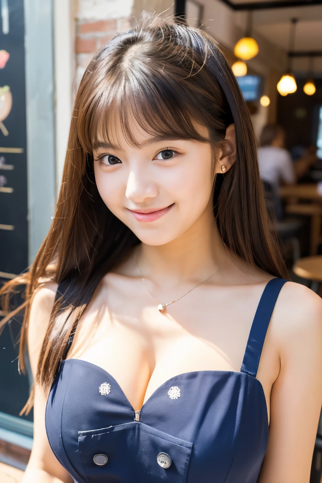 A 20-year-old woman with the cute face of an idol who looks .　Gentle and cute　Please smile kindly　A one-piece dress that shows off her cleavage　larger bust　Lunch at a fashionable café　Raw photo　real　genuine　High definition　real life　No copyright notice