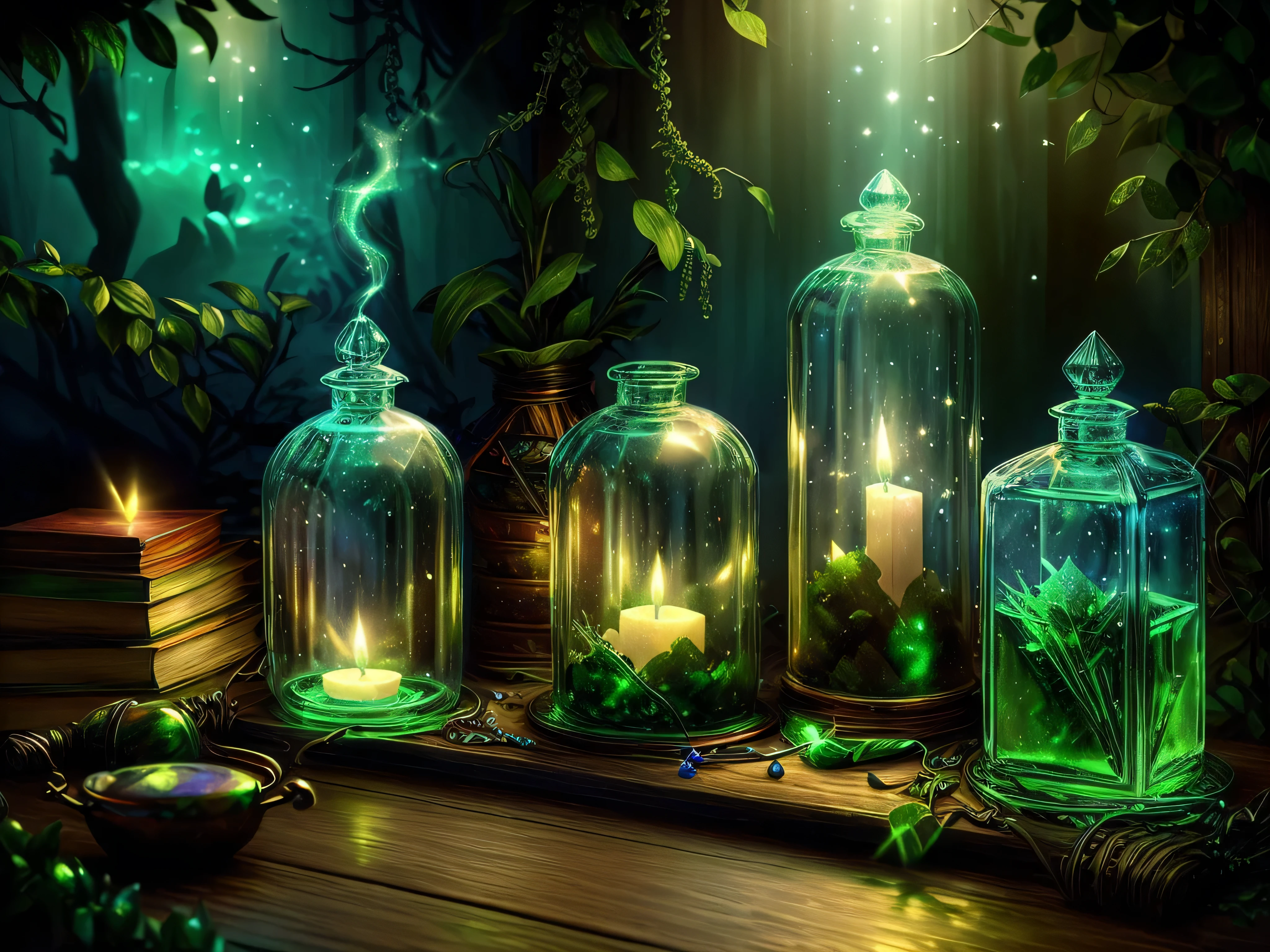 (best quality:1.2),(ultra-detailed),(realistic:1.37),table with magic potions,liquid,red,green,blue,books on the table,wizard's room,potions stand on the table,detailed illustrations,textured surfaces,wisps of smoke,magical glow,dimly lit atmosphere,vintage atmosphere,antique furniture,curved wooden legs,ancient tomes,spellbooks,crystal bottles,filigree labels,colorful liquids,sparkling effects,fluorescent aura,shimmering reflections,mystical ambiance,emerald green potion,sapphire blue potion,ruby red potion,stack of old parchment scrolls,ominous aura,candles flickering,twinkling stars in the background