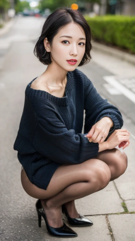 ((highest quality、8K、masterpiece:1.3))、sharp focus, High level image quality, High resolution, portrait, alone, Photos taken by a professional photographer,Close-up of a woman squatting on the sidewalk with her legs apart, kiko mizuhara, wearing a sweater, black hair, wearing a sweater, Young and pretty girl, japanese model, 白いwearing a sweater, Chiho, ランダムカラーのカジュアルなwearing a sweater, mini skirt, Cute short hair waves, a cute young woman, cute young woman, skin colored pantyhose,Skin-colored tights,black high heels,spread legs