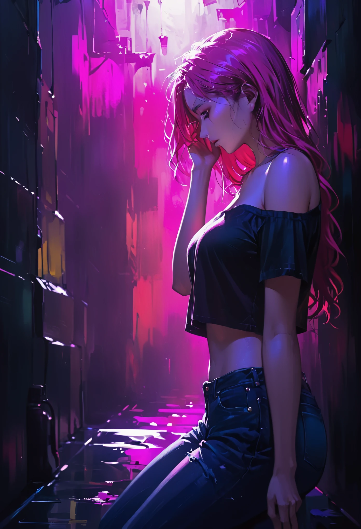 (oil painting style,Thick coating style,dark oil painting:5),(Above Knee Portrait,Chest Focus,close up:1.5), (Portrait of a mysterious giant eye), indoor, Fluorescent illumination, (Darkness shrouded, Wall background, black background, shadow, extreme darkness:2.0), Minimalist graffiti style background, Fluorescent pink graffiti, Dark atmosphere, 1girl, Oversized black T-shirt, midlle breasts, super short T-shirt, underboob, blurred background, Blurred foreground, Pink fluorescent hair, Fluorescent pink eyes, Bare shoulder, Raise your hand and touch your head, Kneel on the ground, Unbelievably long hair, Unkempt hair, Low rise denim shorts, silhouette, cowboy shot, Surrealism, perspective, cowboy shot, pov, UHD, anatomically correct, super detail, best quality, 16k, masterpiece