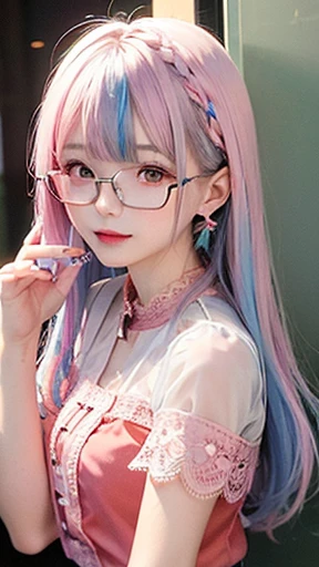 Small face、 (alone:1.5,)Super detailed,bright colors, very beautiful detailed anime face and eyes, look straight,  shiny_skin,girl, (((rainbow colored hair, colorful hair, Half light blue、half pink hair: 1.2))), 、shiny hair, delicate beautiful face, blush、Glasses、(turquoise eyes), , Valletta, earrings,、flower garden、Sunset、(((Floral、Lace blouse、Stylish lace mini skirt,Semi-transparent red shirt)))、（twin tails）、smile、happy face、face dyed red、cheerful pose、dynamic、Head to toe full body portrait、（I can see the whole body）、（left hand、ring finger、ring）、Glassesに手を添える