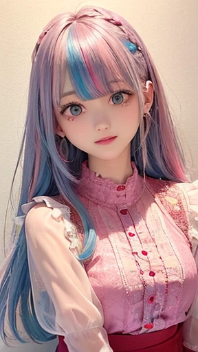 Small face、 (alone:1.5,)Super detailed,bright colors, very beautiful detailed anime face and eyes, look straight,  shiny_skin,girl, (((rainbow colored hair, colorful hair, Half light blue、half pink hair: 1.2))), 、shiny hair, delicate beautiful face, blush、Glasses、(turquoise eyes), , Valletta, earrings,、flower garden、Sunset、(((Floral、Lace blouse、Stylish lace mini skirt,Semi-transparent red shirt)))、（twin tails）、smile、happy face、face dyed red、cheerful pose、dynamic、Head to toe full body portrait、（I can see the whole body）、（left hand、ring finger、ring）、Glassesに手を添える