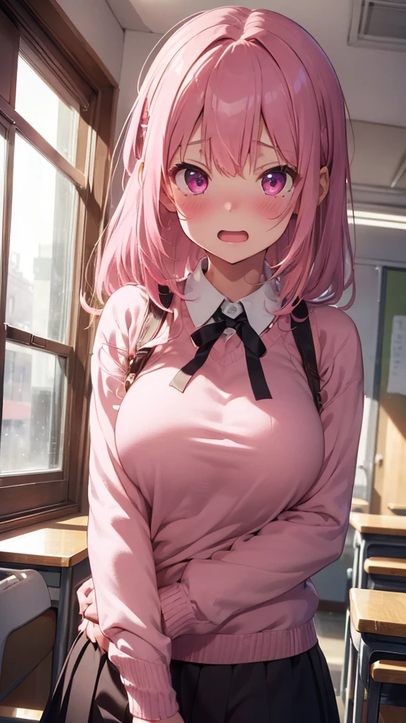 mastute piece,Best Quality,insanely detailed,8k cg,
shoot upper body,
1girl,standing,body in front,looking at viewer,(winter school costume,collared shirt,pink sweater),
blush,shy,(trembling:1.2),pink hair,break,open mouth,large breast,classroom,