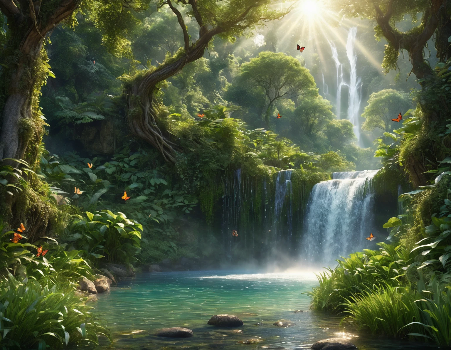 a hyper-realistic close-up image in high definition, a narrow river with calm and clear waters, running through a forest in a valley, vast vegetation and foliage around, birds and butterflies flying, fantasy atmosphere, fairy tale look, dew in vegetation, a waterfall in the background, soft rays of the morning sun, intricate details, 8k resolution, greg rutkowsky style