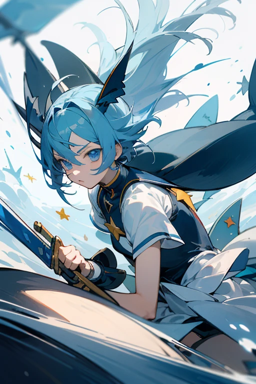 ((anime)), ((mahou shoujo)), (detalhado), ((rosto perfeito)), ((Battle)), ((blue eyes and hear)), (big sword)), (( shark)), ((guardian star))