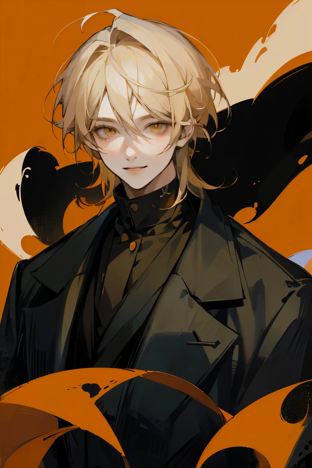 Handsome, solo, male, blonde hair, orange eyes, smile facial, black colar shirt, black coat