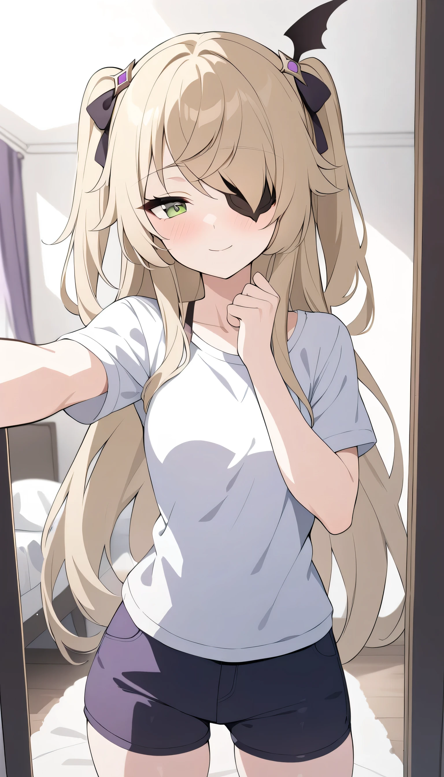 (masterpiece), best quality, expressive eyes, perfect face, cowboy shot, solo, Fischl 'Genshin Impact', long hair, eye patch, selfie, in front of a mirror, girly bedroom, standing, casual clothes, contrapposto, light smile, half closed eyes,