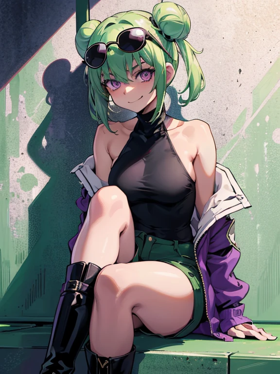 (highres), (best quality), (detailed) 1 girl, alone, medium hair, pastel green hair, twin buns, evil smile, violet eyes, round black sunglasses on head, black sleeveless turtleneck top, green shorts, dark brown boots, day time, abandoned place, wall, provoking pose