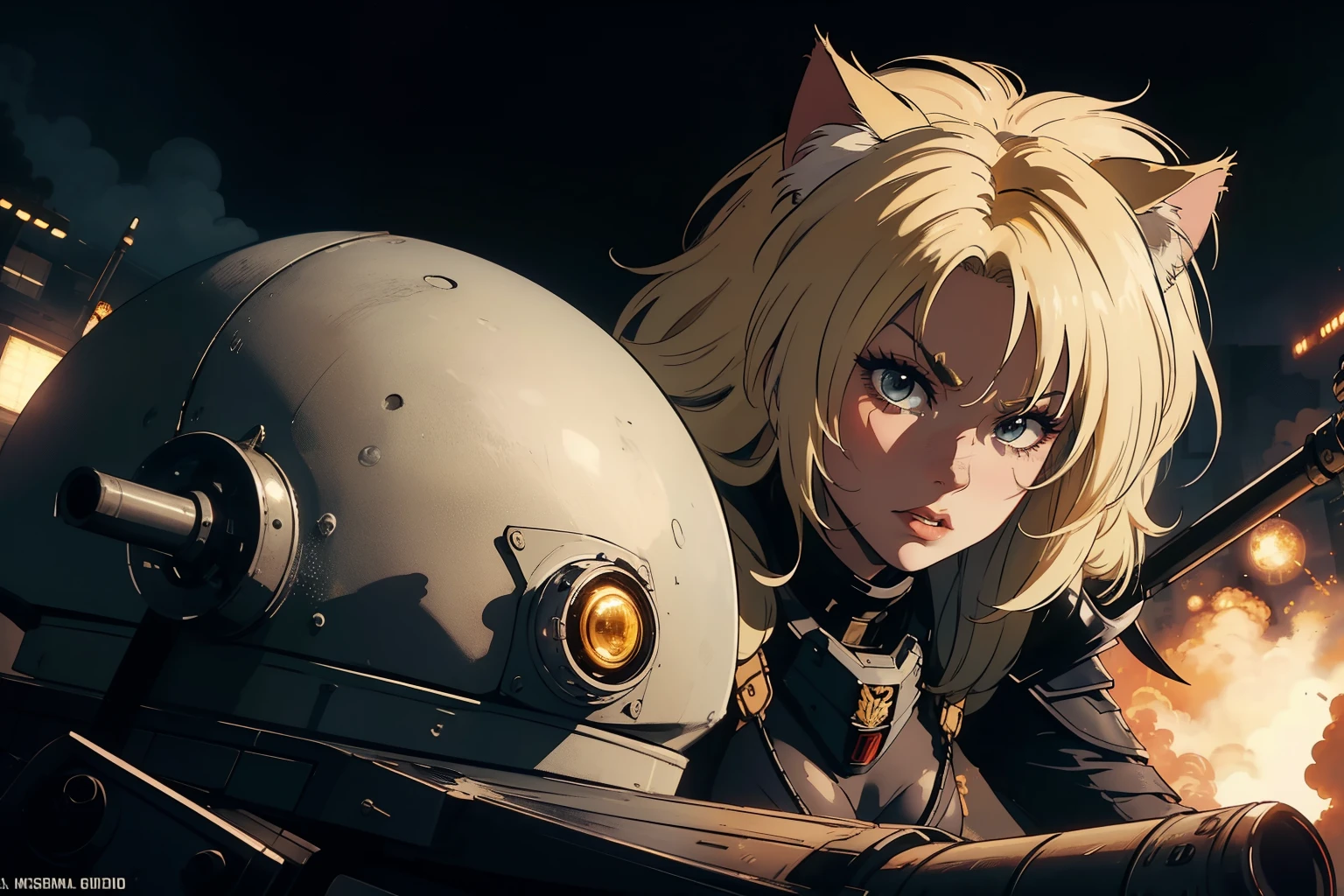 ((highest quality)), ((masterpiece)), (be familiar with), (High definition), 8K, perfect face、2 women、Two blonde women with cat ears、((tankの上に乗っている:1.2))、((Astride the turret))、tall、2 Blonde cat ears、2. Long Hair、2. Volumetric hair style、big breasts、constricted waist、big ass、glamorous、Glamorous、protector、Armor、combat suit、combat boots、armed、Equipped with large firearms、cinematic、best shadow、side lighting、NEO TOKYO、riot、explosion、tank、helicopter、(close up of face)